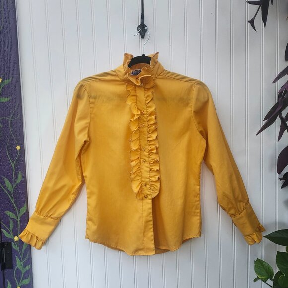 Vintage 1970's Bobbie Brook's Marigold Yellow Ruffle Bib Front Blouse - Picture 2 of 14